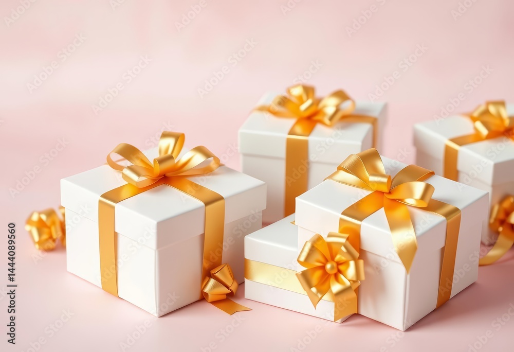 Obraz premium Elegant white gift boxes adorned with golden bows, pastel background, box, white