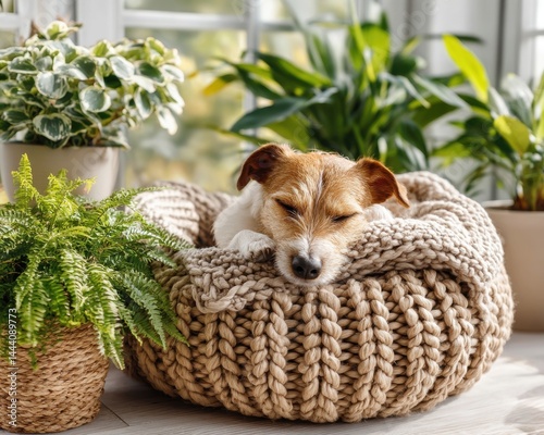 A small dog sleeps in a cozy knitted bed surrounded by lush green houseplants near a bright window.