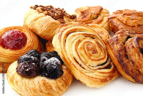 Assorted pastries including fruit danishes and cinnamon rolls on a white background photo