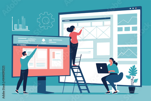 Design a vibrant hero vector illustration for a web developer landing page, showcasing diverse developers collaborating on a project, using modern tech.