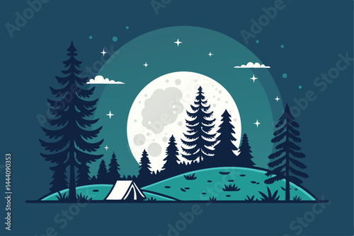 Create a minimalist digital art landscape of a nighttime camping scene featuring a glowing 'M' symbol, emphasizing serenity and solitude under a starlit sky.