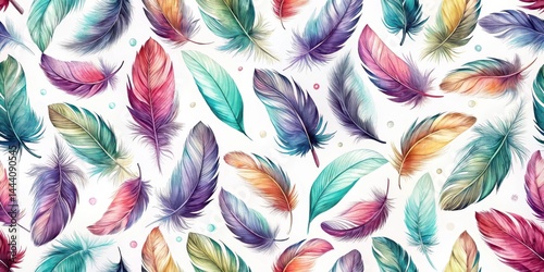 A vibrant collection of multicolored feathers, artistically arranged in a captivating pattern, ideal for textile design and decorative applications