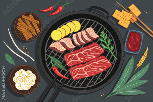 Create a vibrant vector background for a Korean-themed landing page, featuring assorted Korean cultural elements like Hanbok, food, and landmarks.  Illustrative style preferred.