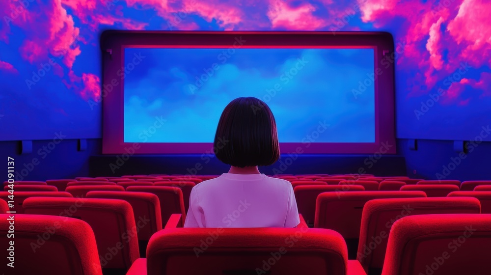 Fototapeta premium People in the cinema auditorium with Cinema blank wide screen and red chairs in the cinema hall,People silhouettes watching movie performance,empty white screen,space for text,copy space.
