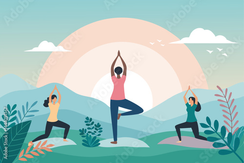 Create a modern, flat-style illustration of diverse women practicing various yoga poses in a minimalist, neutral-toned setting.  Focus on serenity and wellness.
