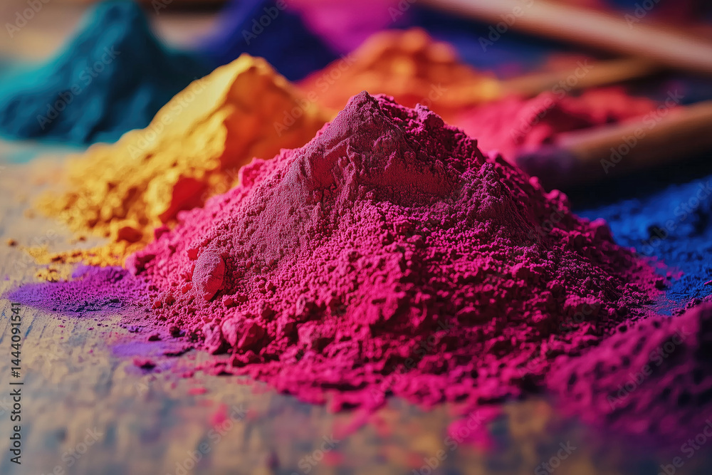 Fototapeta premium Colorful piles of powdered pigments, various shades of vibrant hues. Small mounds of vibrant dry color, natural dyes