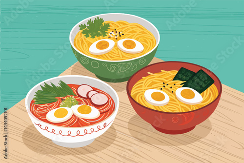 Create a vibrant vector illustration for a landing page featuring steaming bowls of spicy ramen, emphasizing rich broth, noodles, and toppings like seaweeds and chili.