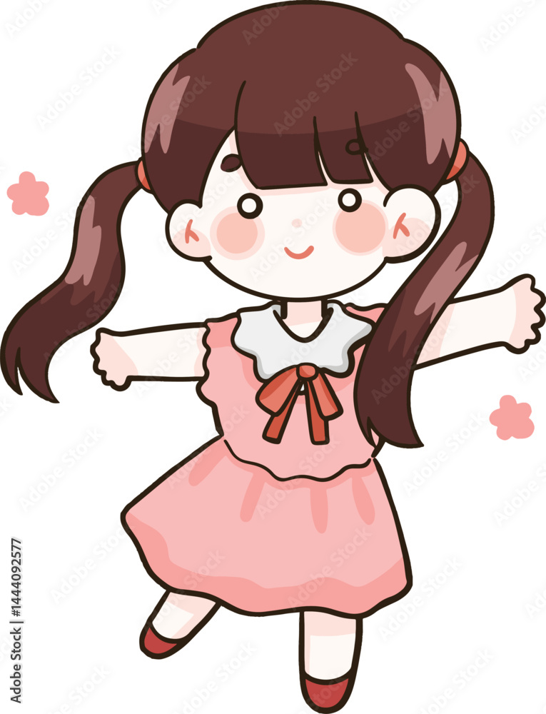 Cartoon of a girl in a pink dress with brown sheep hair tied up Cartoon of a girl in a pink dress with brown sheep hair tied up