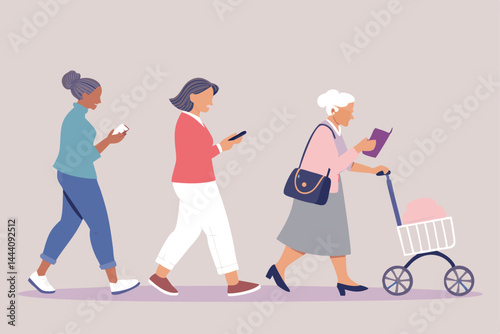 Create a modern, seamless vector pattern featuring diverse older women engaging in various daily activities like gardening, reading, and socializing.
