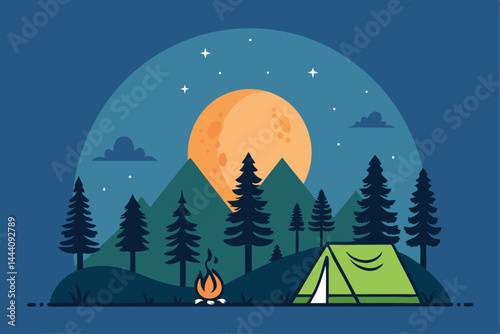 Serene moonrise illuminating a tranquil campsite nestled in rolling hills, showcasing a picturesque night scene.