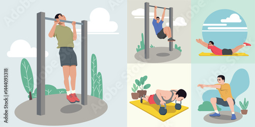 set of a man doing exercises like pull ups, push ups, stretching and squats