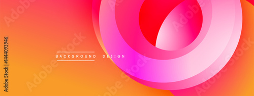 Abstract vibrant layers create dynamic visual flow. Gradient colors blend smoothly, forming circular shapes. Modern design element.
