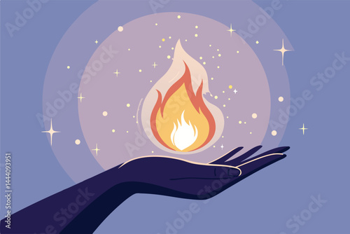 Create a vector illustration of a glowing, magical flame hovering above an outstretched hand.  Emphasize vibrant colors and a mystical, ethereal feel.