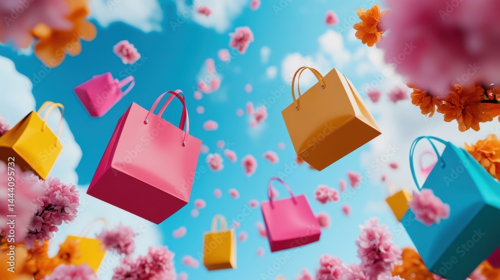 Colorful shopping bags falling with sakura tree on color background,spring season sale, shopping online season,holiday winter shopping bags and gift boxes,space for text.