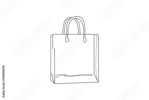 Tote bag line drawing, minimalist clear handbag illustration, black outline on white background