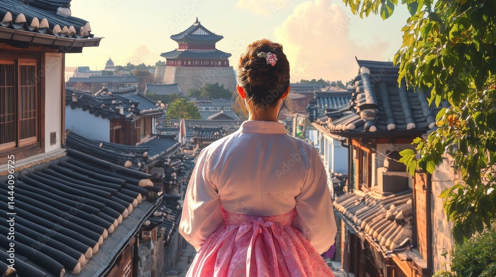 Back view of korean asian woman in traditional korean dress or hanbok dress walking in old palace in night with full moon, Seoul city, South Korea,copy space.