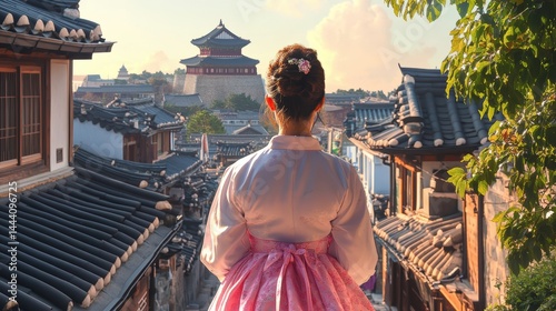 Obraz na płótnie Back view of korean asian woman in traditional korean dress or hanbok dress walking in old palace in night with full moon, Seoul city, South Korea,copy space. w salonie
