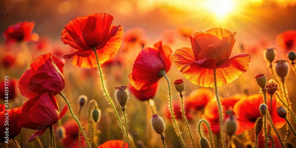 Fototapeta premium Golden Hour Poppy Field Vibrant Red Blooms Illuminated by the Setting Sun's Rays