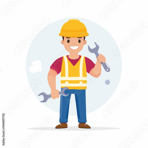 Construction Worker Vector Illustration – Male Character in Safety Helmet and Vest Holding Tools – Flat Style Labor Concept