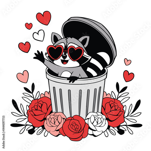Cute Raccoon in Trash Can with Hearts and Roses Illustration