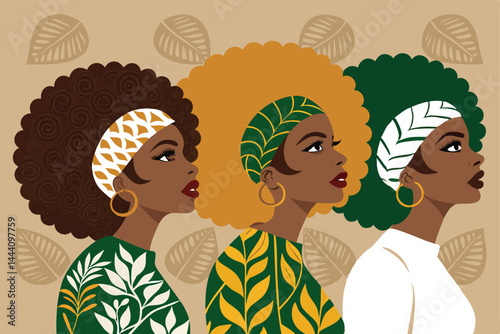 Create a bold, mod-inspired pattern featuring diverse women with voluminous afro hairstyles.  Illustrate strong lines and vibrant colors.