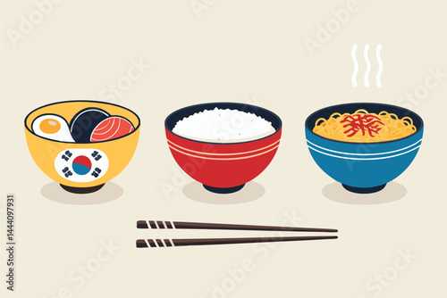 Create a minimalist vector background featuring clean, modern icons representing various Korean dishes.  Maintain a consistent color palette.