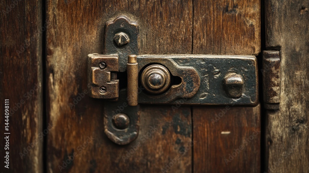 Antique wooden door lock with rustic charm and texture Antique wooden door lock with rustic charm and texture