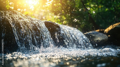 A close-up of the water gently splashing against rocks at the base of Haew Suwat Waterfall, with sunlight streaming through the trees.
