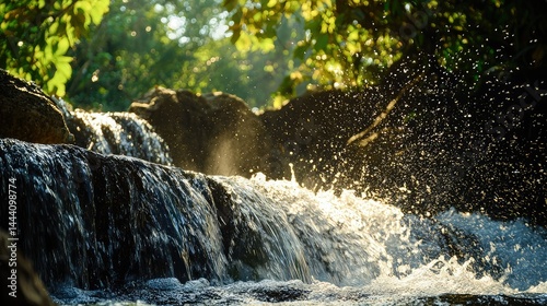 A close-up of the water gently splashing against rocks at the base of Haew Suwat Waterfall, with sunlight streaming through the trees.