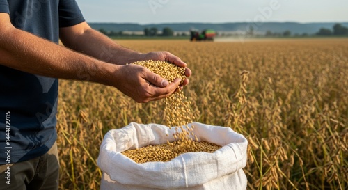 Hands of a man in the field, in the plantation, outdoors, throwing soybean seeds into a bag