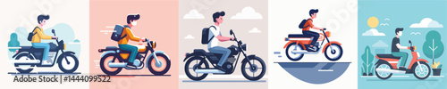 vector of a young man riding a motorbike