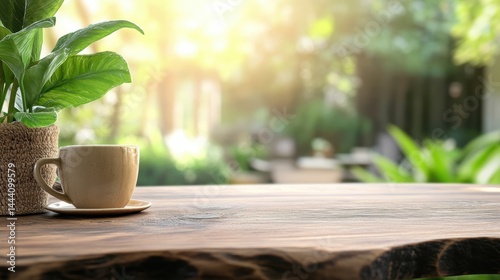 A serene setting featu a beige coffee cup and saucer on a rustic wooden table surrounded by green foliage and highlighted by dd sunlight.