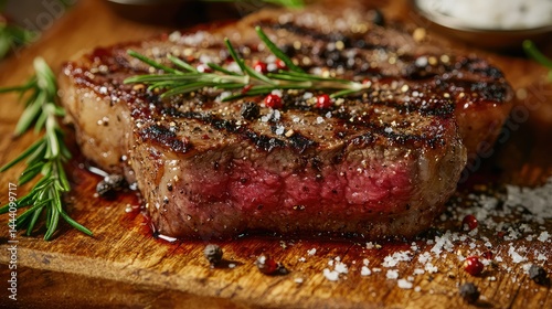 A close-up shot of a juicy steak with cracked black pepper, sea salt, rosemary, and a dusting of chili flakes on a wooden board.
