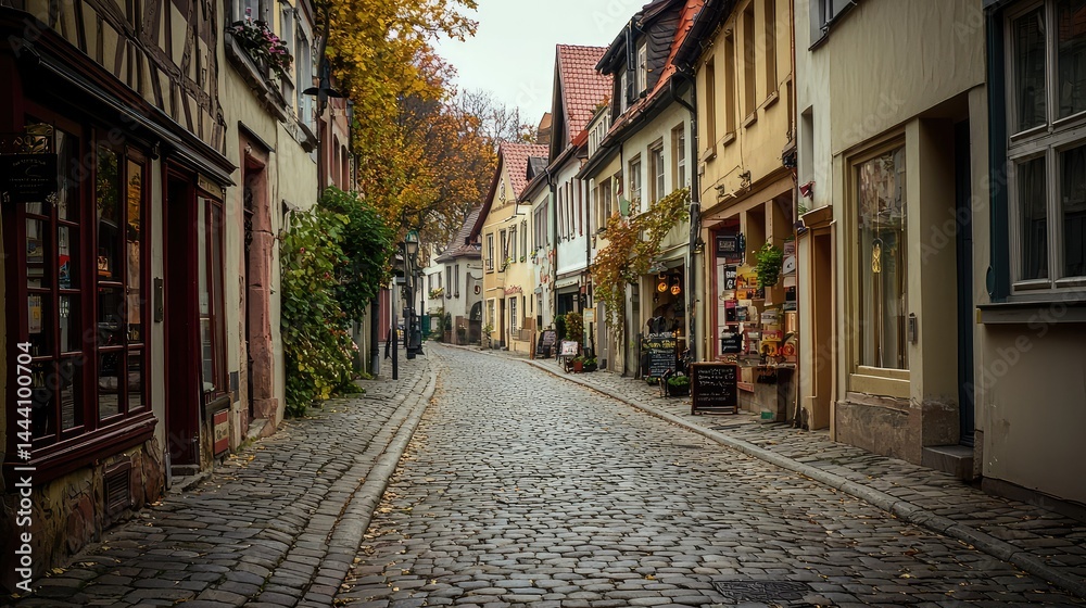 Fototapeta premium A cobblestone street in an old European city, lined with vintage storefronts and historic buildings.
