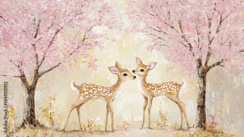 Gentle deer fawn companions beneath blossoming cherry trees.