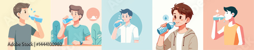 vector of a young man drinking water using a bottle