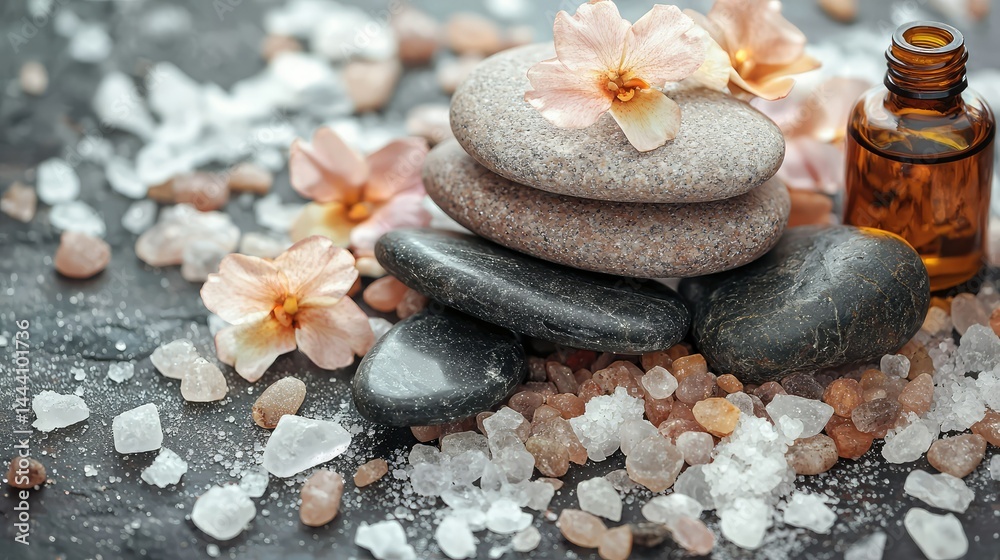 Fototapeta premium A collection of massage stones surrounded by essential oils and sea salt crystals.