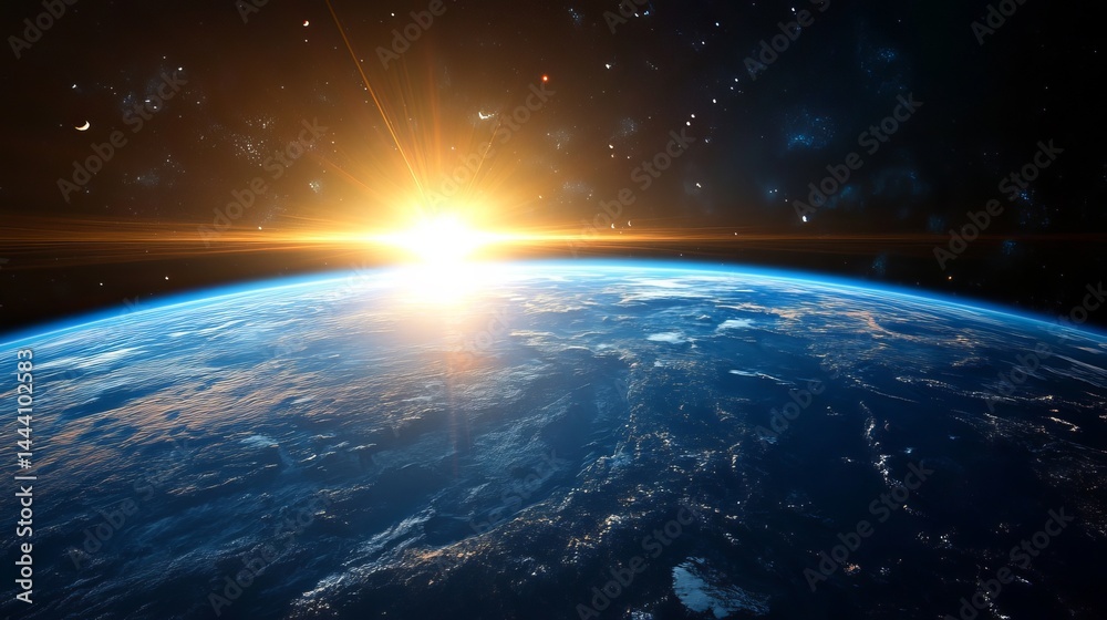 Stunning earth sunrise space view amazing planet blue sky golden rays spacecraft orbiting land dark Stunning earth sunrise space view amazing planet blue sky golden rays spacecraft orbiting land dark