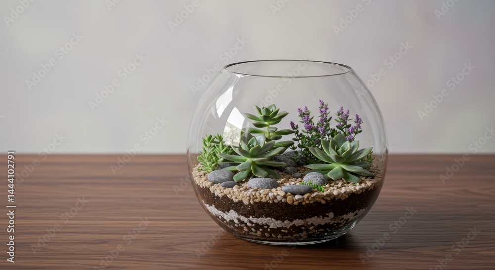 Glass Terrarium with Succulents on Wooden Table - Miniature succulent garden in a glass bowl, symbolizing growth, nature, tranquility, harmony, and home decor Glass Terrarium with Succulents on Wooden Table - Miniature succulent garden in a glass bowl, symbolizing growth, nature, tranquility, harmony, and home decor