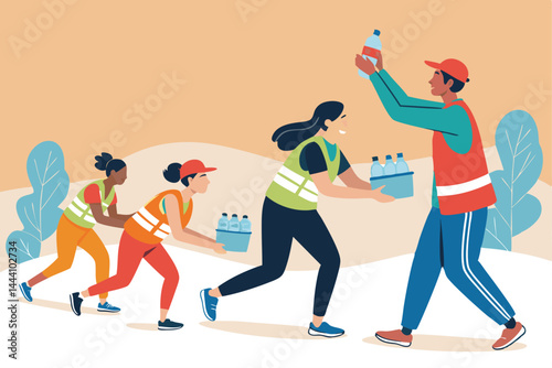 Volunteers assisting runners during a bustling marathon, handing out water and supplies.  Focus on the interaction and energy.