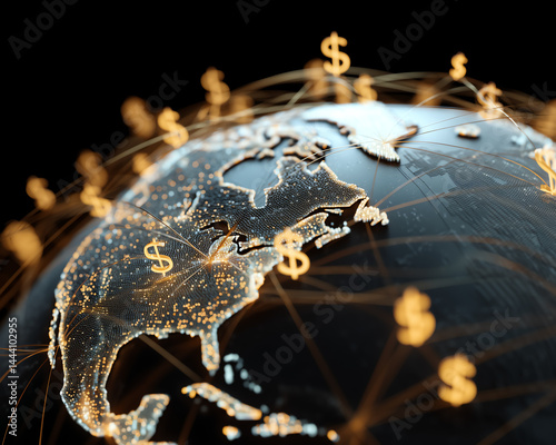 Digital Globe Connected by Glowing Dollar Pathways Illustrating Global Financial Transactions photo
