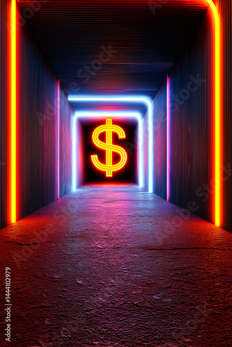 Neon Profit Sign Emerging from Dark Tunnel Representing Finance and Business Growth in 3D photo