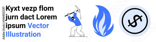 Worker with a pickaxe in motion, stylized blue flame icon, and circular dollar sign outline. Ideal for labor, finance, energy, mining, economy, career aspirations simple landing page