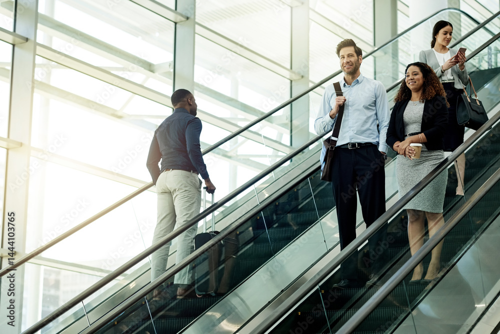 Business people, escalator and start of work in office, travel and group of employees for arrival. Colleagues, company convention and modern transportation to seminar, commute together and leaving