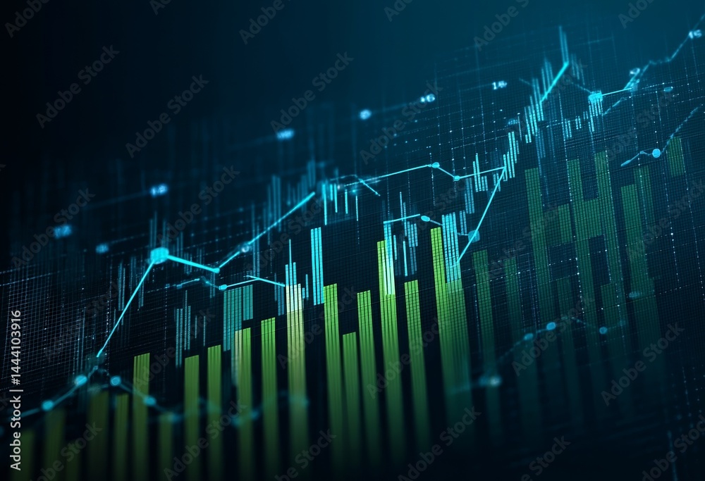 Illustration of stock market graph with blue lines and green bar chart on a dark background, financial data concept Illustration of stock market graph with blue lines and green bar chart on a dark background, financial data concept
