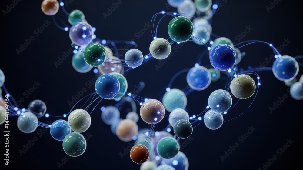 Connected spheres with glowing nodes on dark background Connected spheres with glowing nodes on dark background