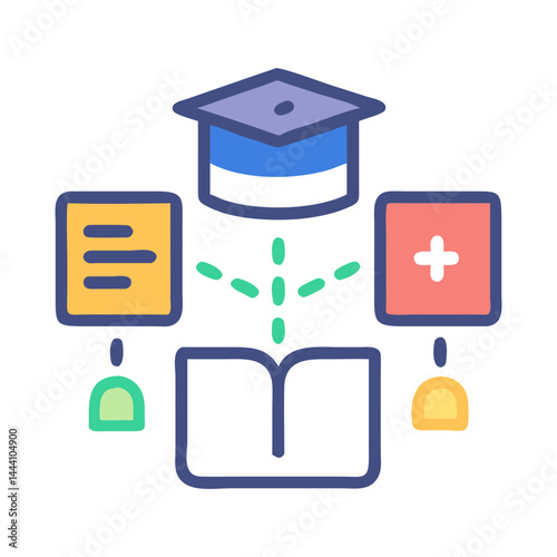 Education content icon with graduation cap, book, and subject blocks for e-learning and academic system design