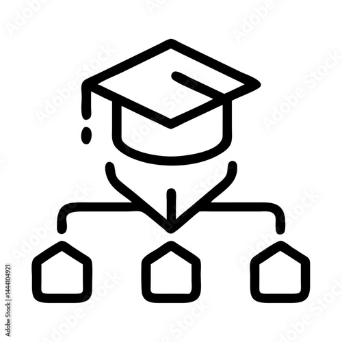 Graduation cap with network hierarchy icon for academic structure and e-learning system design