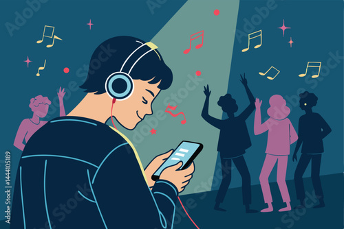 A young person at a vibrant party, wearing headphones, completely engrossed in their music, oblivious to the surrounding social activity.