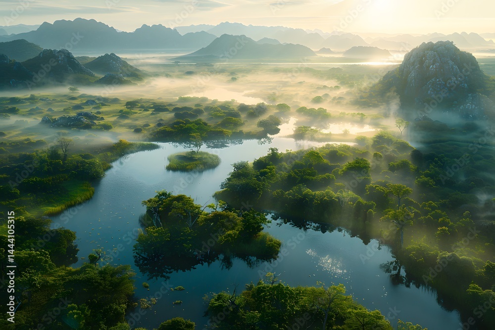 Mystical mountain landscape with serene lake and ethereal morning fog Mystical mountain landscape with serene lake and ethereal morning fog